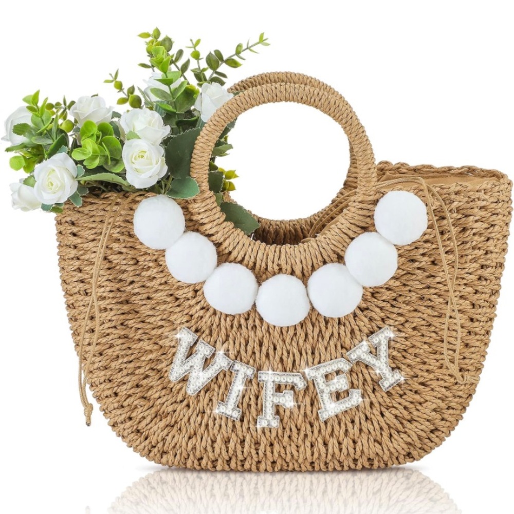 Pinkunn Bride Beach Bag Handwoven Straw Rhinestone Pearl Letters Handle Purse